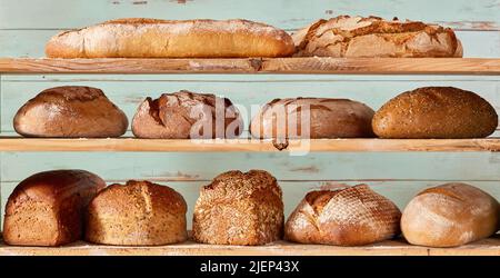 Abundance of different types of freshly baked bread loaves placed on shelves against worn out wooden background in light studio Stock Photo