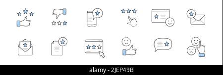 Rate icons set in doodle style, isolated vector rating and review linear signs. Star, envelope, smiling emoji, like thumb up and speech bubble. Positive or negative customer feedback, Line art symbols Stock Vector