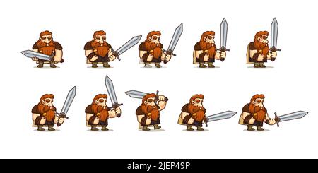 Game icons set character viking walk cycle sequence. Vector cartoon sprite sheet of walking man warrior with sword and red hairs for 2d animation Stock Vector