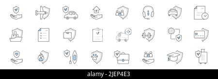 Insurance service doodle icons. Vector signs health, life and property protection. hand with shield, airplane, car, house and family protection. Operator headset, policy document, ship, ambulance Stock Vector