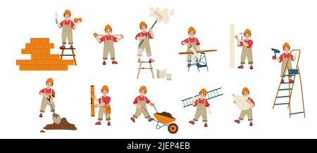 Repair service workers. Builders, repairmen, construction and renovation employees or foreman characters in uniform with professional tools, brick wall, ladder Line art flat vector illustration, set Stock Vector