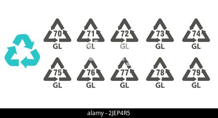 Glass recycling codes. Identification and packaging signs and symbols. Waste sorting icons. Vector illustration. Stock Vector