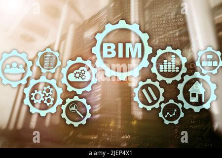 Building Information Modeling. BIM on the virtual screen with a server data center background. Stock Photo