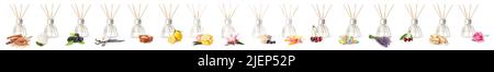 Many different reed diffusers on white background Stock Photo