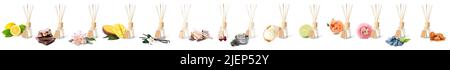 Many different reed diffusers on white background Stock Photo