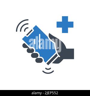 Call Doctor related vector glyph icon. Hand holds a ringing phone with a medical cross sign. Medical help. Isolated on white background. Editable vect Stock Vector