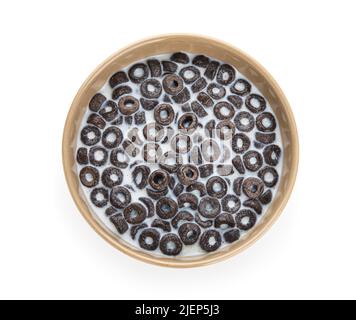 Bowl with tasty cereal rings and milk isolated on white background Stock Photo