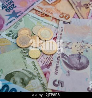 Various Turkish Lira Banknotes And Coins.  Turkish Money Stock Photo