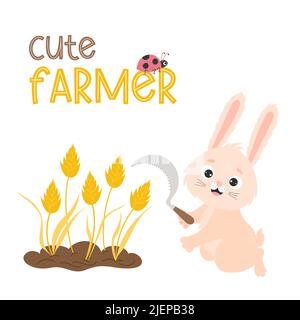 Cute rabbit farmer with sickle and reaps spikelets of wheat. Grain harvest. Vector illustration. For postcards, print, designs and decoration themes o Stock Vector
