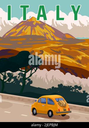 Retro Poster Italy. Road retro car, mediterranean romantic landscape, mountains. Retro travel poster Stock Vector