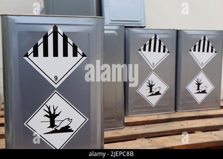 Symbol for corrosive substances on chemical tanks Stock Photo