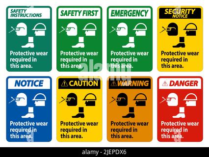 Protective Wear Is Required In This Area.With Goggles, Hard Hat, And Boots Symbols on white background Stock Vector