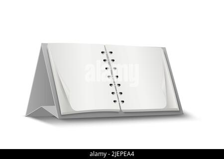 Blank calendar, memo or notebook. Realistic monthly or weekly organizer. Empty desktop stand with white sheets of paper spiral bound. Office stationer Stock Vector