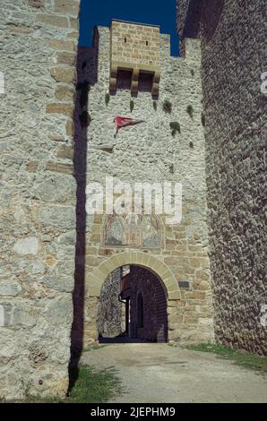 entrance of the Manasija Monastery surround by massive walls and towers of Serbia's history medieval age Stock Photo