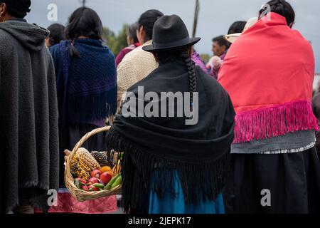 Indigenous woman carries a basket with native foods from the region, Ipiales, Nariño. Stock Photo