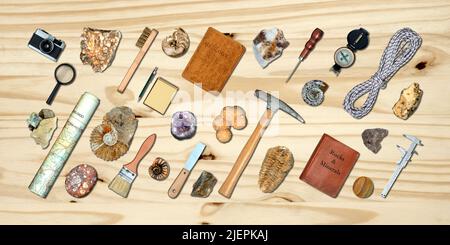 Topview of Set Fieldwork Geology Tools on Table Background Stock Photo