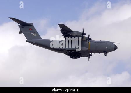 Turkish Air Force Airbus A400M-180 (REG: 18-0093) arriving as a support aircraft for the Turkish Stars Display Team. Stock Photo