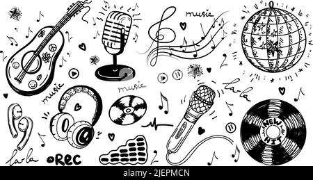 A set of hand-drawn musical elements in sketch style. Guitar or ukulele. Headphones, microphones, CDs, audio, Disco ball, violin key with notes and re Stock Vector