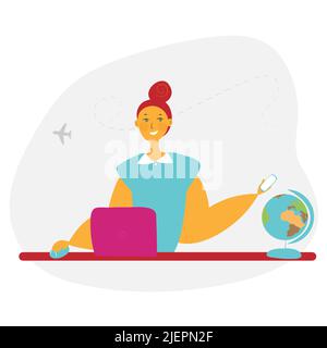 Travel agent. Tourist service concept. The woman - a tourist expert smiles friendly and holds the phone in her hand. Flat cartoon vector illustration Stock Vector