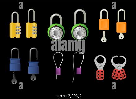 Vector illustrations of open and closed locks and technical clamps on isolated black background Stock Vector