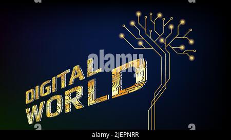 Golden inscription Digital World in perspective and digital brain in form of tree on dark blue background. Vector illustration. Stock Vector