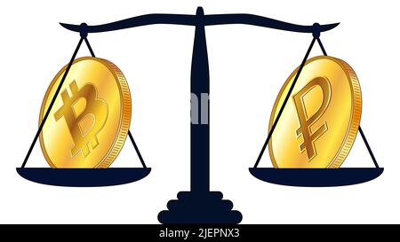 Gold coin of Bitcoin BTC and russian Ruble RUB on scales isolated on white background. Laws on digital assets CBDC. Vector illustration. Stock Vector