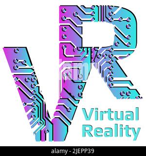 Colorful letters VR abbreviation for Virtual Reality perforated with PCB circuit board tracks isolated on white. For banners or advertising. Vector il Stock Vector