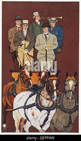 An early 20th century illustration by Edward Penfield (1866-1925) featuring a group of American men on a horse and carriage Stock Photo