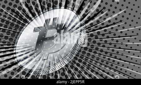 Coin Bitcoin BTC styled for the 80s retro with rays in gray color. BTC symbol of modern digital currency and money. Header or banner for news. Vector Stock Vector