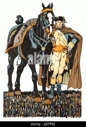 An early 20th century illustration by Edward Penfield (1866-1925) on the cover of Collier's, an American general interest magazine featuring George Washington (1732-1799) standing next to his horse.  Military officer, statesman, and Founding Father he served as the 1st president of the United States from 1789 to 1797