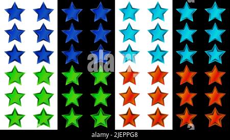 Set of colorful decorative stars with different borders on white and black background. For rating or decoration. Vector design element. Stock Vector