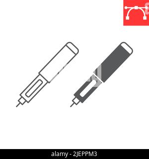 Insulin pen line and glyph icon, diabetic syringe and healthcare, insulin injection pen vector icon, vector graphics, editable stroke outline sign, eps 10. Stock Vector