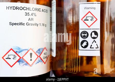 Safety symbol for using chemical, label on chemical bottle Stock Photo