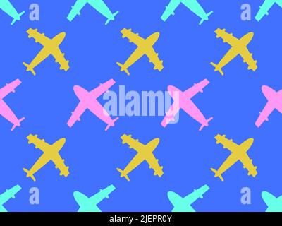 Airplanes seamless pattern. Airplane with turbines and propellers on a blue background. Aircraft design for posters, banners and promotional items. Ve Stock Vector