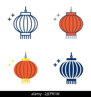 Chinese lantern icon set in flat and line style. Traditional round lamp symbol. Vector illustration. Stock Vector