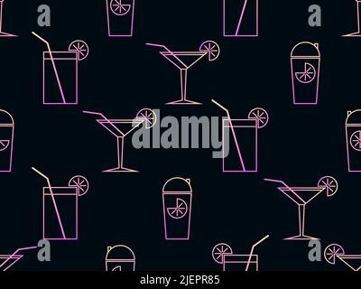 Seamless pattern with cocktail icon in line art style. Alcoholic cocktails with a straw, gradient colors. Multi-colored cocktails design for printing, Stock Vector