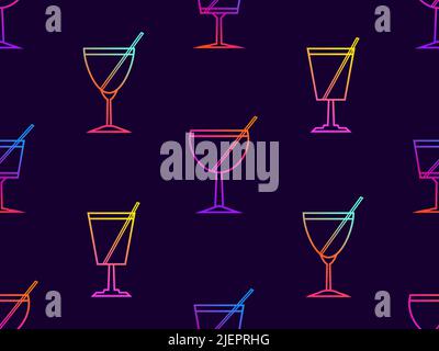 Seamless pattern with cocktail icon in line art style. Alcoholic cocktails with a straw. Multi-colored cocktails design for printing, banners and prom Stock Vector