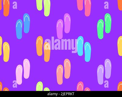 Beach flip flops seamless pattern. Multicolored flip-flops on a violet background. Summer time. Design for print, banners and advertising products. Ve Stock Vector