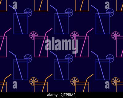 Seamless pattern with cocktail icon in line art style. Alcoholic cocktails with a straw. Multi-colored cocktails design for printing, banners and prom Stock Vector