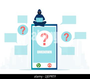 Vector of a cyber scammer with a laptop sitting on a smartphone call from unknown number Stock Vector