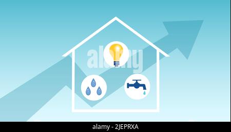 Concept of increasing water, electricity and gas utilities bill in a house Stock Vector