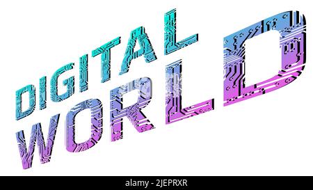 Colorful inscription Digital World in perspective isolated on white background. Design element in purple and cyan colors. Vector illustration. Stock Vector