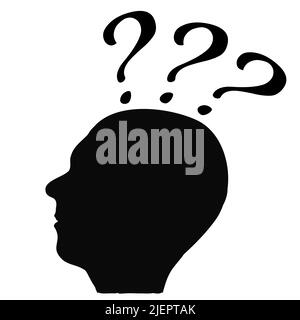 Silhouette of man head in profile with three question marks above his head isolated on white background. Vector design element. Stock Vector