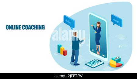Online business advise and consultation services concept. Businessman being trained by an expert via video call application on the smartphone Stock Vector