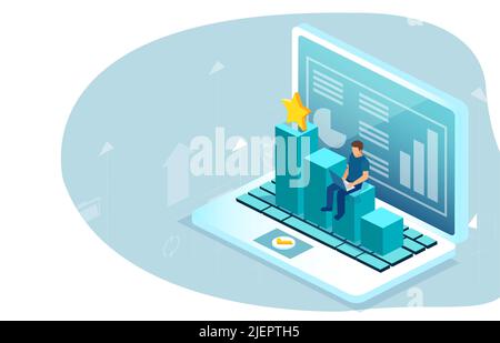 Vector of a man using laptop computer analysis financial data rating online performance Stock Vector