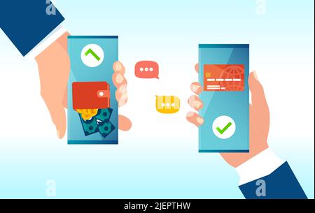 Mobile payment concept. Vector of people sending and receiving money online via banking payment app Stock Vector