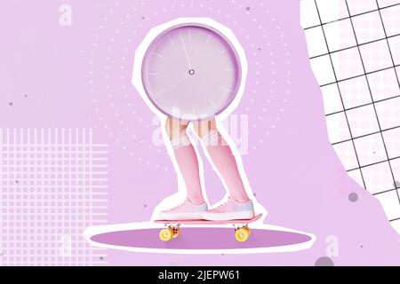 Photo cartoon comics sketch picture of clock on legs riding longboard isolated painting pink background Stock Photo