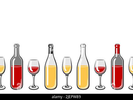 Seamless pattern with bottles and glasses of wine. Image for restaurants and bars. Business and industrial item. Stock Vector