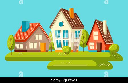 Background with cute houses and trees. Country colorful cottages illustration. Stock Vector