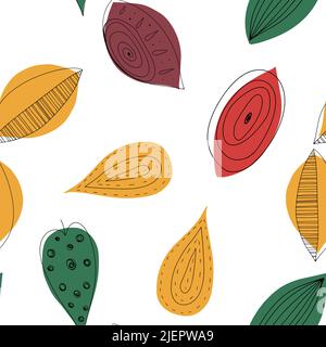 Fall leaf vector illustration. Seamless pattern. Hand drawn colorful design. Isolated graphic symbols. Autumn art sign. Nature abstract concept. Organic line elements Stock Vector
